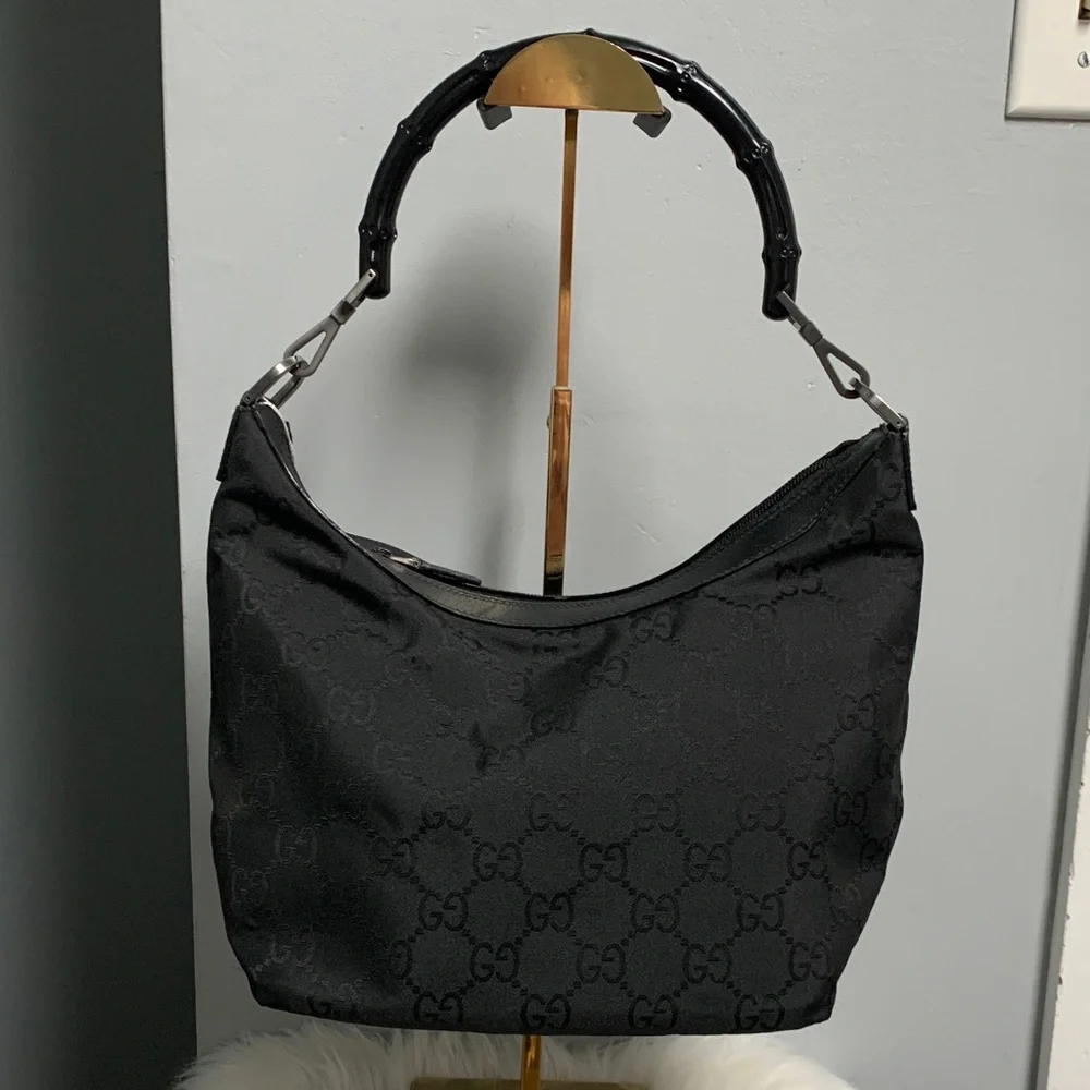 Authentic Gucci black leather and nylon jumbo GG hobo bag w bamboo handle